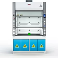 Laboratory Fume Hood With Control Panel Blue Cabinet Doors And Warning Signs