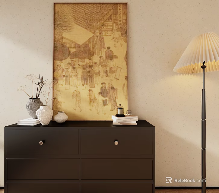 Antique Scroll Painting And Black Cabinet Interior With Floor Lamp Vase And Books 3d model 