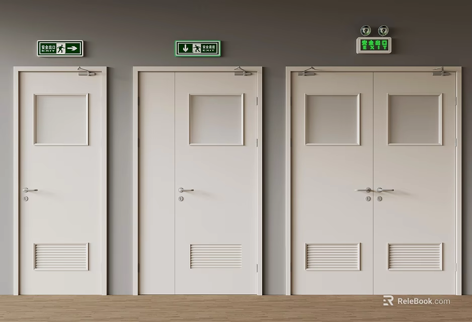Fire Equipment With White Safety Doors And Green Exit Signs In Building 3d model 