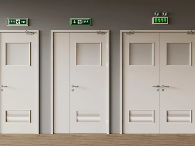 Fire Equipment With White Safety Doors And Green Exit Signs In Building 3d model