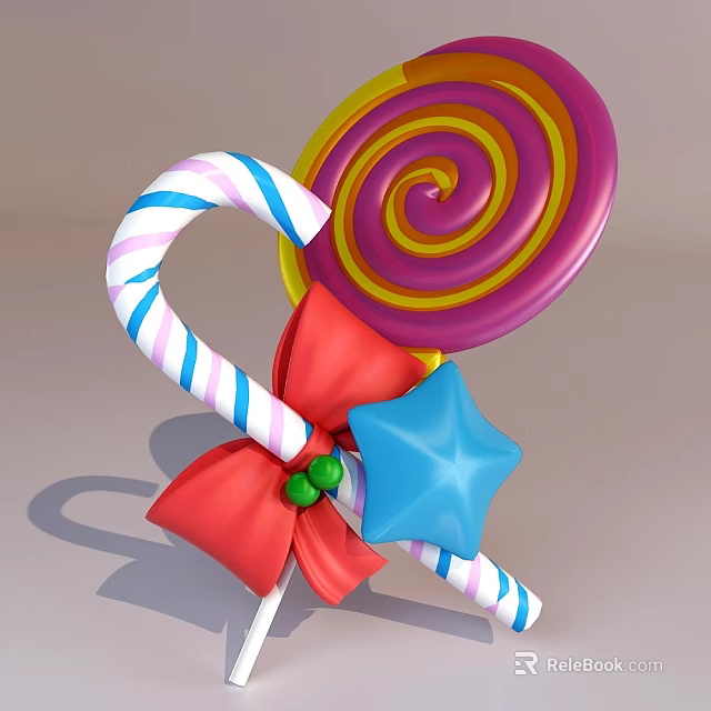 Colorful Lollipop and Candy Cane with Red Bow and Blue Star Decoration 3d model 
