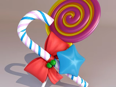 Colorful Lollipop and Candy Cane with Red Bow and Blue Star Decoration 3d model