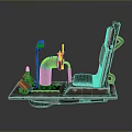 Metal Frame Driving Seat Setup With Steering Wheel Pedals And Mechanical Components On Platform