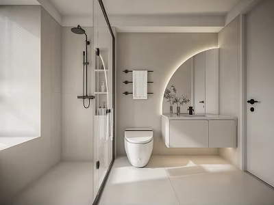 Modern Bathroom Interior Design With Glass Shower Toilet Vanity Mirror And Towel Rack 3d model