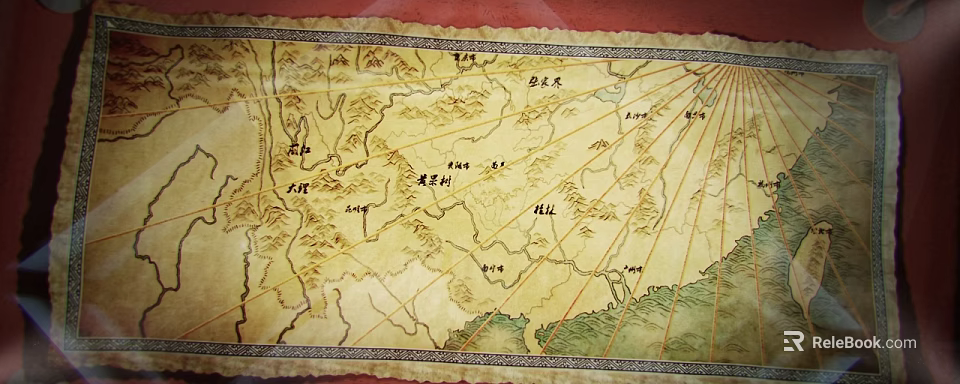 Ancient Chinese Map Wall Decor with Mountains Rivers and Chinese Characters Vintage Scroll Style 3d model 