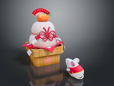 Traditional Wooden Box With Three Layered Pastry Red Decorations And Small Mouse Doll 3d model