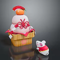 Traditional Wooden Box With Three Layered Pastry Red Decorations And Small Mouse Doll