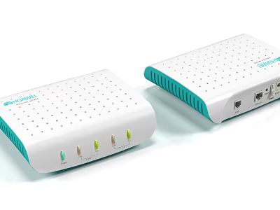 Pair Of White Network Modems With Green Edges And Indicator Lights 3d model