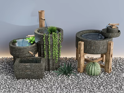 Bonsai Potted Plants with Stone Pots Water Feature Hanging Greenery Cactus Wooden Stands on Gravel 3d model