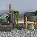 Bonsai Potted Plants with Stone Pots Water Feature Hanging Greenery Cactus Wooden Stands on Gravel