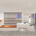 Modern Specialty Store Interior With White Shelves Orange Cabinets And Central Wooden Bench