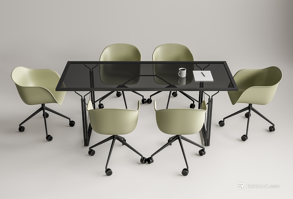 Modern Conference Table With Black Glass Top Light Green Rolling Chairs And White Mug Notebook 3d model 
