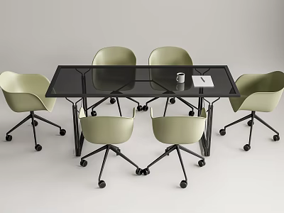 Modern Conference Table With Black Glass Top Light Green Rolling Chairs And White Mug Notebook 3d model