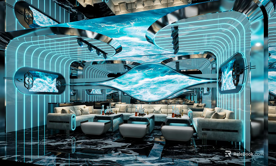 Modern KTV Interior Design With Dynamic Lighting Large Screens And Plush Sofas 3d model 