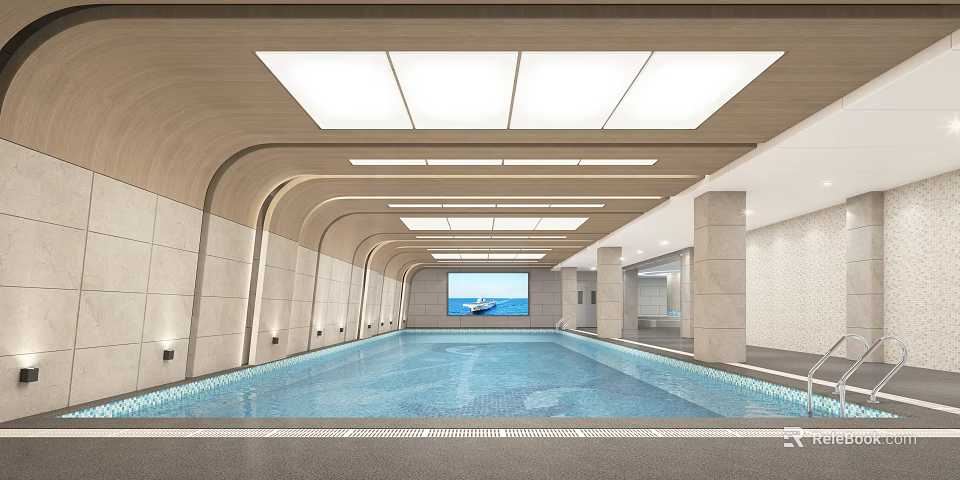 Modern Indoor Swimming Pool With Wooden Ceiling Square Lights And Sea View Screen 3d model 