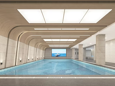 Modern Indoor Swimming Pool With Wooden Ceiling Square Lights And Sea View Screen 3d model