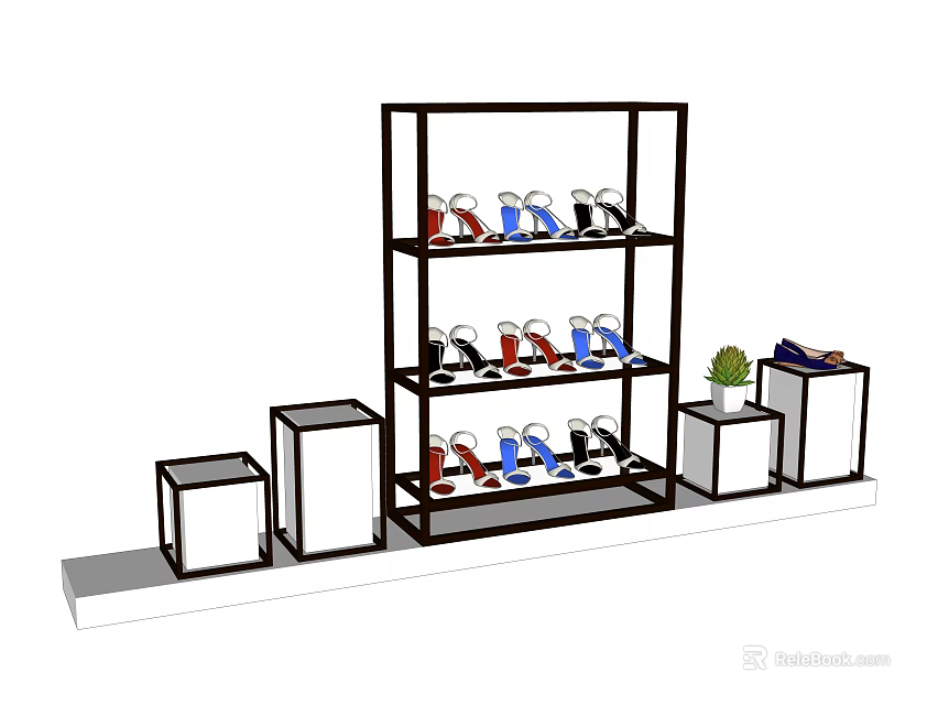 Multi tiered Display Shelves With Shoes Arrangement And Small Stands With Plant 3d model 