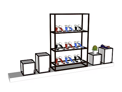 Multi tiered Display Shelves With Shoes Arrangement And Small Stands With Plant 3d model