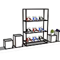 Multi tiered Display Shelves With Shoes Arrangement And Small Stands With Plant