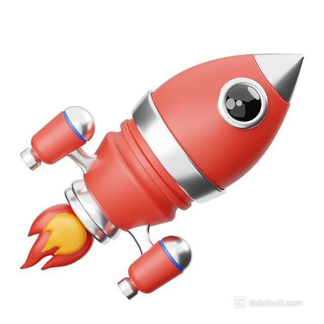Red Rocket With Silver Accents Yellow Flames And Blue Side Thrusters 3d model 