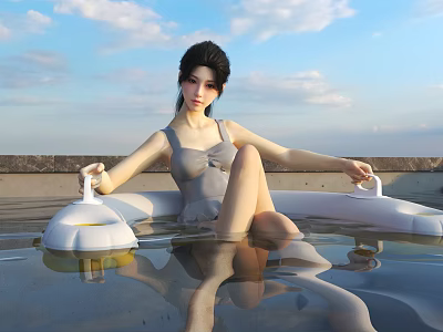 Woman in Gray Swimsuit Sitting in White Inflatable Pool With Water Under Blue Sky Clouds 3d model