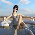 Woman in Gray Swimsuit Sitting in White Inflatable Pool With Water Under Blue Sky Clouds