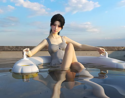Woman in Gray Swimsuit Sitting in White Inflatable Pool With Water Under Blue Sky Clouds 3d model
