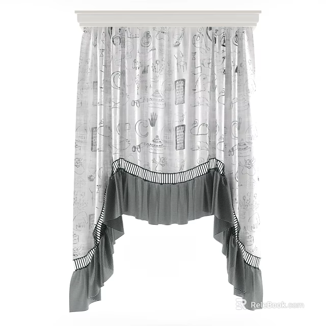 Stylish Decorative Curtain With Hand Drawn Patterns Ruffled Hem And Striped Trim 3d model 