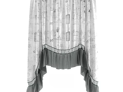 Stylish Decorative Curtain With Hand Drawn Patterns Ruffled Hem And Striped Trim 3d model