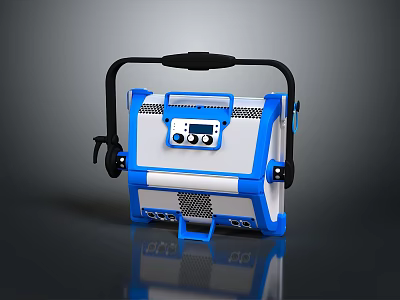 Blue and White Portable Computer with Display Screen Buttons and Black Handle Design 3d model