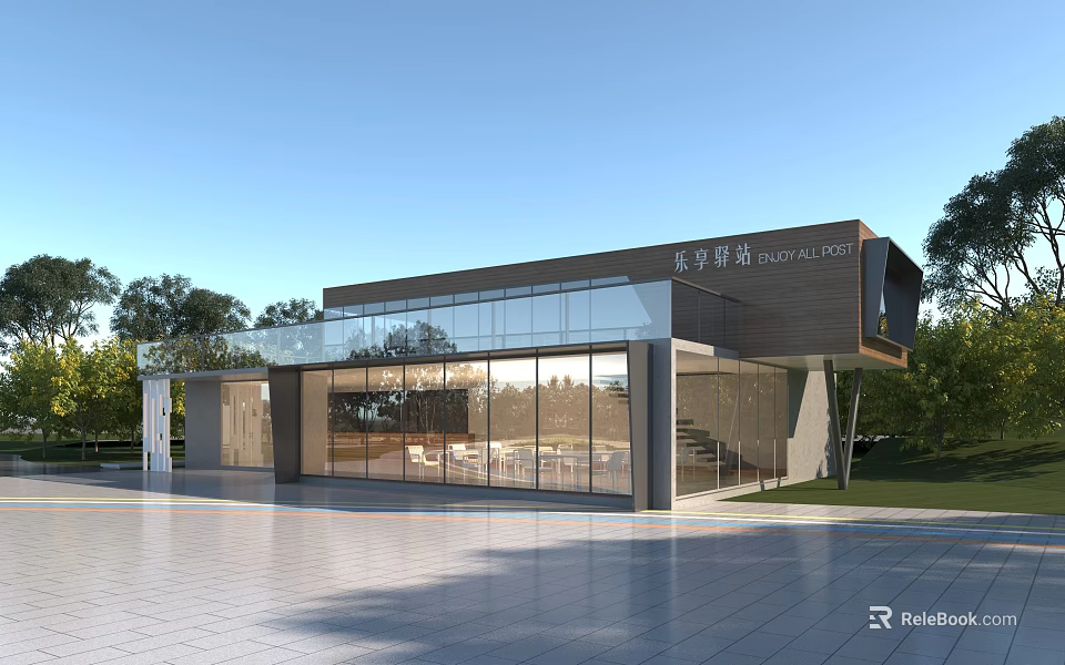Modern Pavilion With Glass Curtain Walls And Wooden Structure In Spacious Plaza Surrounded By Greenery 3d model 