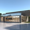 Modern Pavilion With Glass Curtain Walls And Wooden Structure In Spacious Plaza Surrounded By Greenery