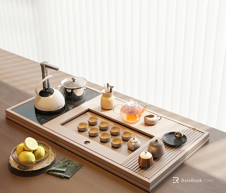 Modern Minimalist Tea Set With Ceramic Teapot Teacups And Wooden Tray 3d model 