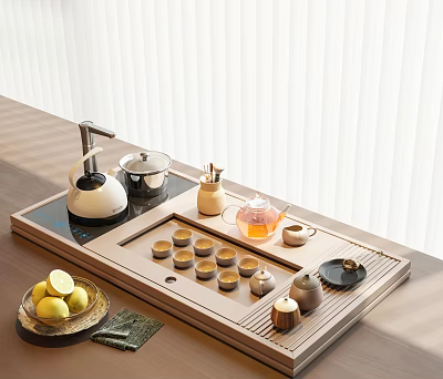 Modern Minimalist Tea Set With Ceramic Teapot Teacups And Wooden Tray 3d model
