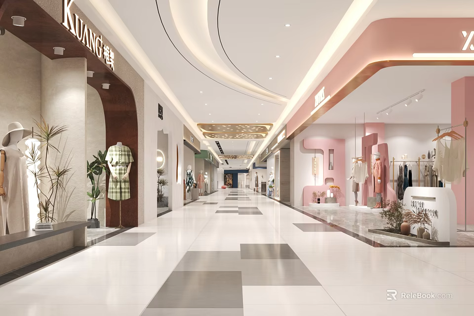 Mall Shop Interior With Modern Design Spacious Corridors Storefronts Lighting And Decorative Plants 3d model 