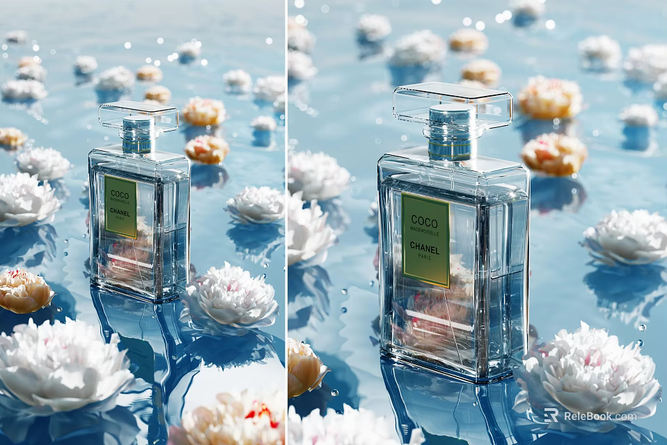 Elegant Transparent Glass Perfume Bottle With Floating Floral Accents In Water 3d model 