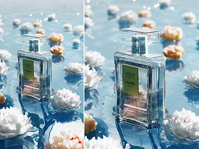 Elegant Transparent Glass Perfume Bottle With Floating Floral Accents In Water 3d model