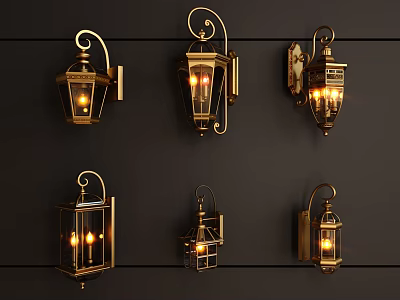 Vintage Brass Wall Lamps With Glass Shades Illuminated On Dark Wall 3d model