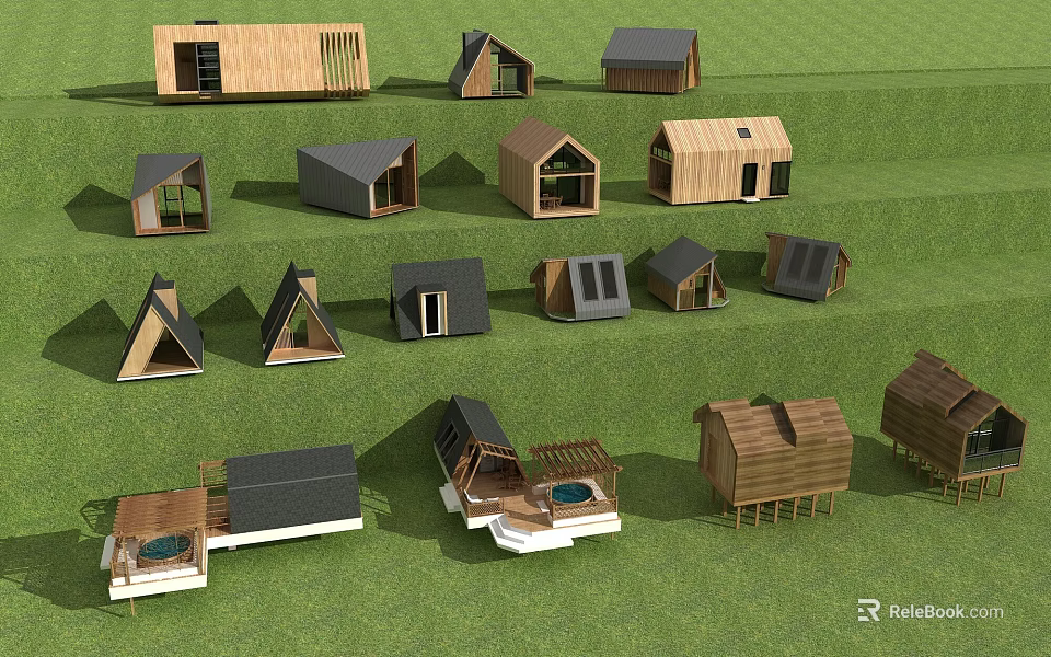 Boutique Guesthouse Buildings With Various Architectural Designs And Wooden Structures In Green Landscape 3d model 
