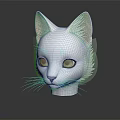 White Cat Face Mask with Pink Inner Ears Green Eyes White Whiskers on Dark Background