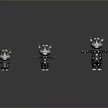 Three Different Sizes Cat Figurines In Black White Spots With Green Eyes On Gray Background