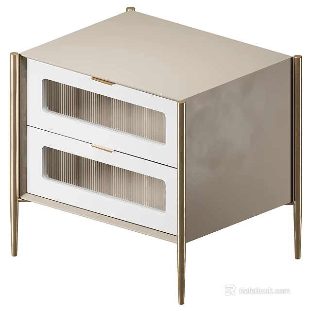 Modern Bedside Table With Gold Metal Frame Two Drawers And White Lattice Panels 3d model 