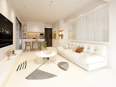 Modern White Living Dining Room Interior With White Sofa Round Coffee Table And Dining Chairs 3d model