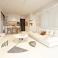 Modern White Living Dining Room Interior With White Sofa Round Coffee Table And Dining Chairs