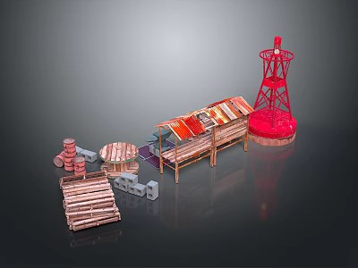 Construction Scene Components With Red Tower Wooden Roof Bricks And Columns 3d model