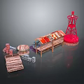 Construction Scene Components With Red Tower Wooden Roof Bricks And Columns