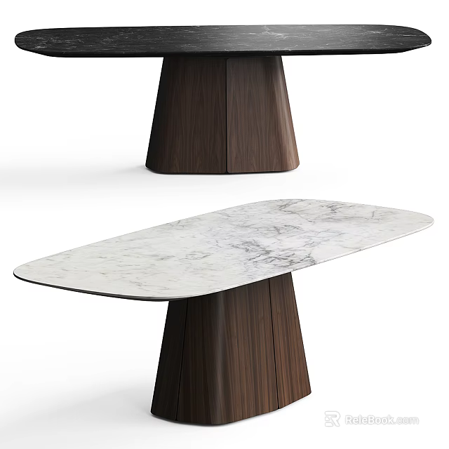 Modern Dining Table With White Marble Tabletop And Dark Wooden Pedestal Base Design 3d model 