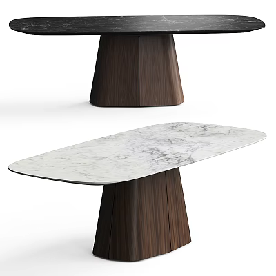 Modern Dining Table With White Marble Tabletop And Dark Wooden Pedestal Base Design 3d model