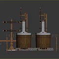 Traditional Wooden Architectural Structure with Twin Barrels Windmill Wheels Ladders and Stone Base