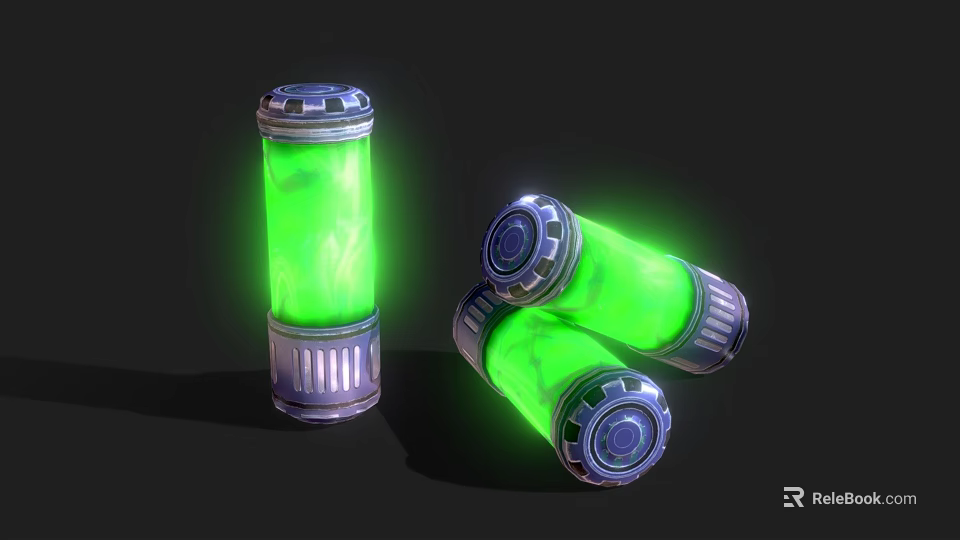 Three Green Glowing Cylindrical Objects With Metal Base And Top Standing And Tilted 3d model 